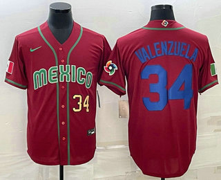 Mens Mexico Baseball #34 Fernando Valenzuela Number 2023 Red Blue World Baseball Classic Stitched Jersey2